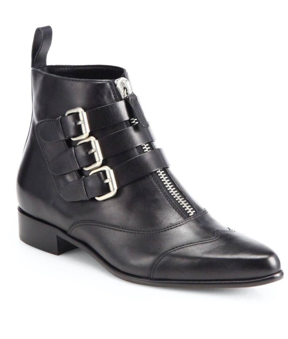 Tabitha Simmons Black Leather Early Ankle Boots Sz 38 US 7.5 Triple Buckle Zip